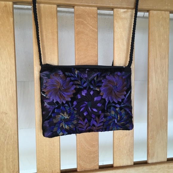 Embroidered purple floral black crossbody purse - Picture 2 of 8